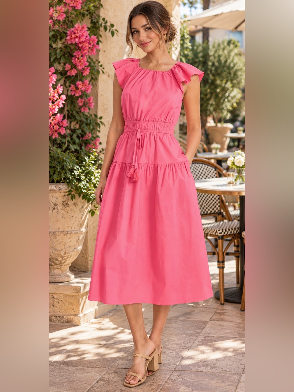 Maggy London Pink Stretch Cotton Tiered Midi Dress NWT Size 6